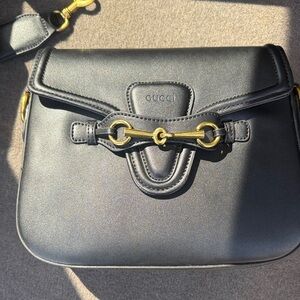 Black Leather Crossbody with Gold Horsebit Accent